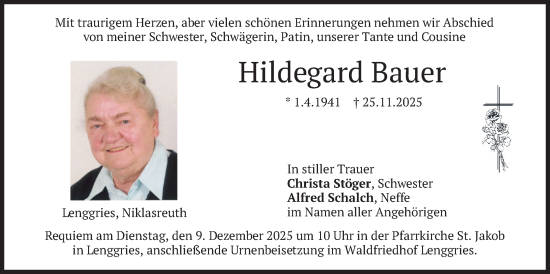Traueranzeige von Hildegard Bauer von merkurtz