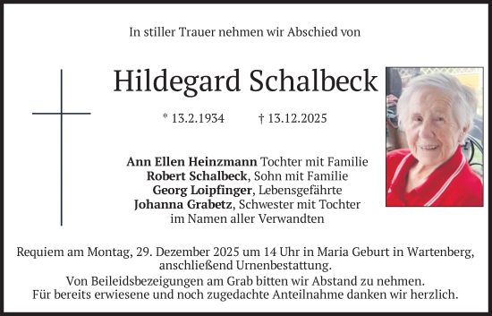 Traueranzeige von Hildegard Schalbeck von merkurtz