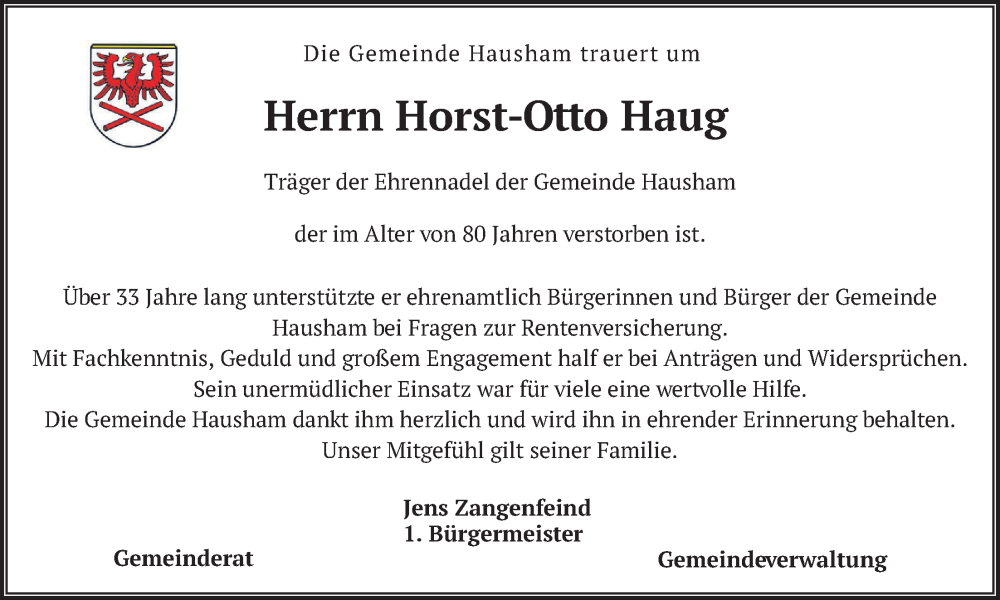 Traueranzeige für Horst-Otto Haug vom 03.12.2025 aus merkurtz