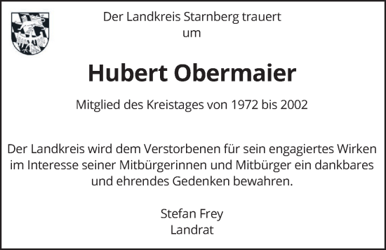 Traueranzeige von Hubert Obermaier von merkurtz