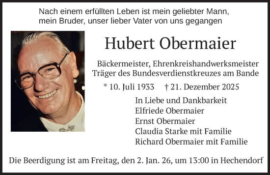Traueranzeige von Hubert Obermaier von merkurtz