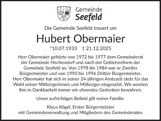 Traueranzeige von Hubert Obermaier von merkurtz