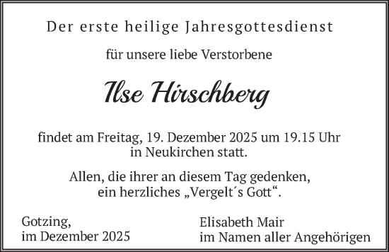 Traueranzeige von Ilse Hirschberg von merkurtz