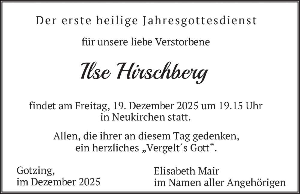  Traueranzeige für Ilse Hirschberg vom 17.12.2025 aus merkurtz