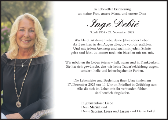 Traueranzeige von Inge Debié von merkurtz