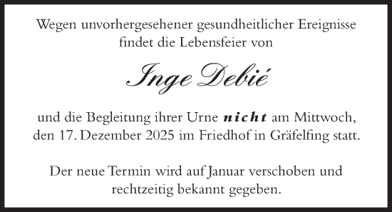 Traueranzeige von Inge Debié von merkurtz