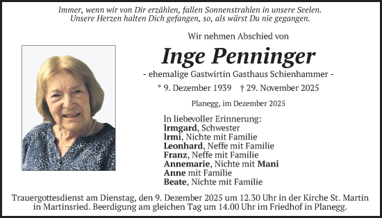 Traueranzeige von Inge Penninger von merkurtz