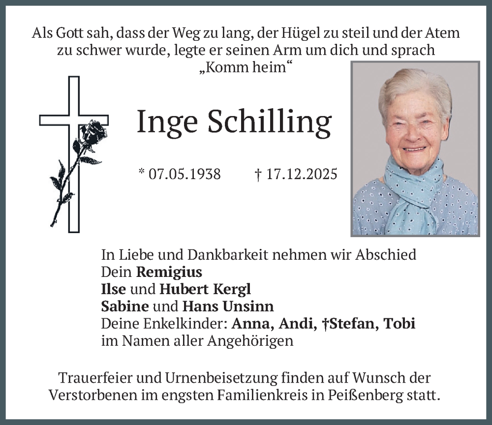  Traueranzeige für Inge Schilling vom 27.12.2025 aus merkurtz