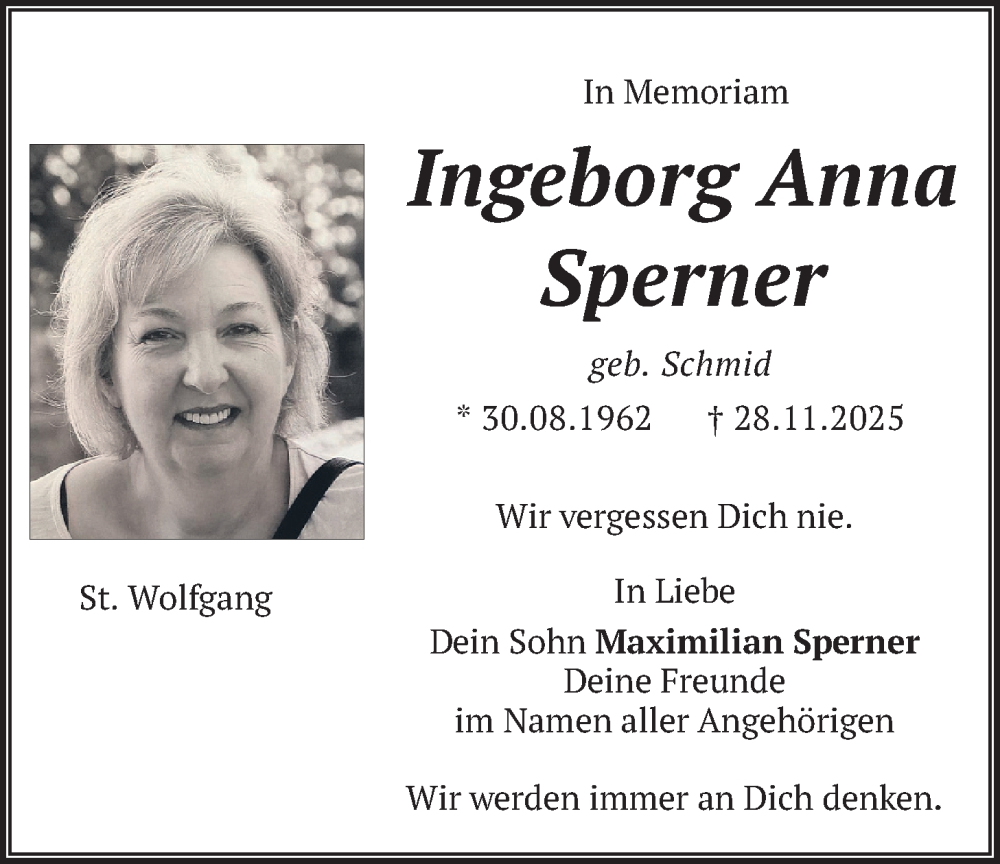  Traueranzeige für Ingeborg Anna Sperner vom 27.12.2025 aus merkurtz