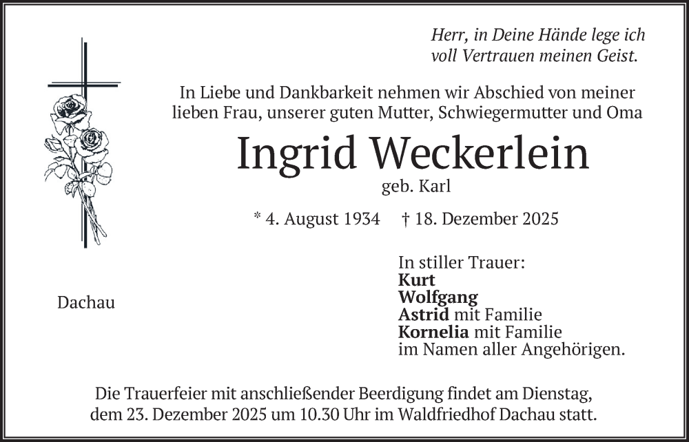  Traueranzeige für Ingrid Weckerlein vom 20.12.2025 aus merkurtz