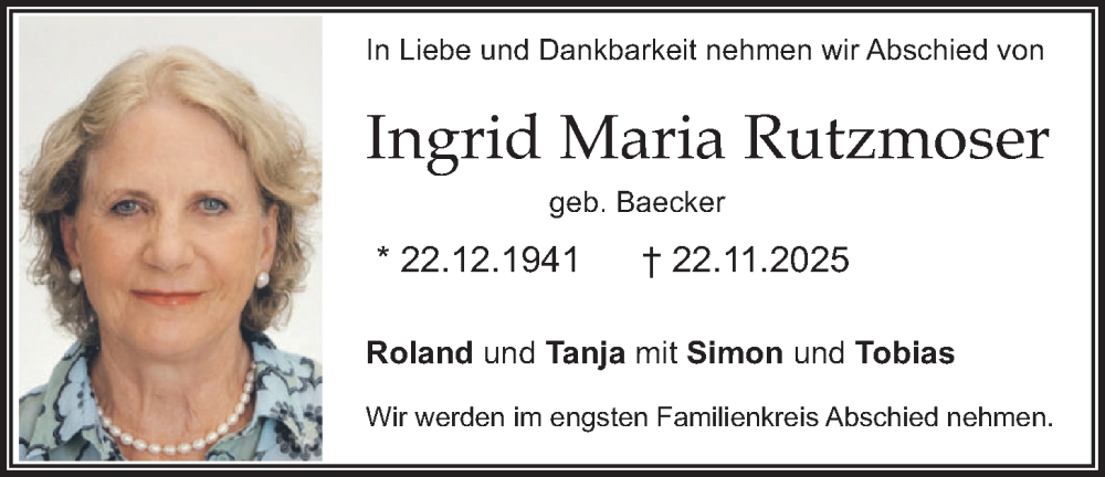  Traueranzeige für Ingrid Maria Rutzmoser vom 13.12.2025 aus merkurtz