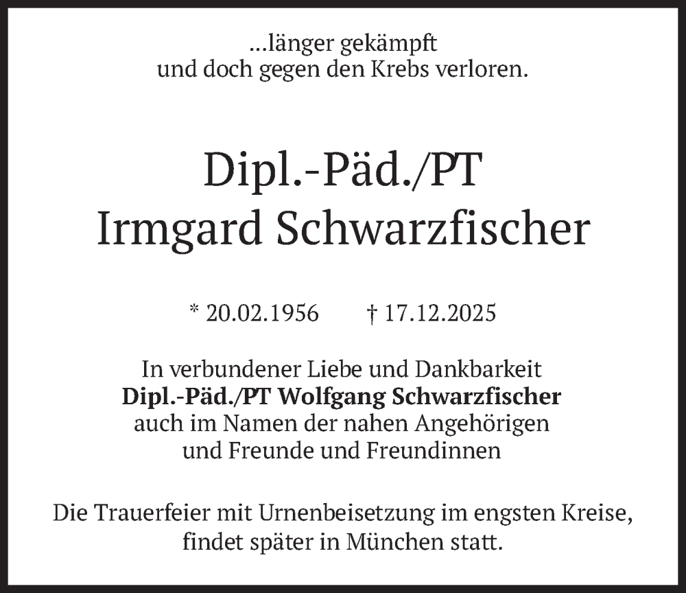  Traueranzeige für Irmgard Schwarzfischer vom 20.12.2025 aus merkurtz