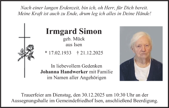 Traueranzeige von Irmgard Simon von merkurtz