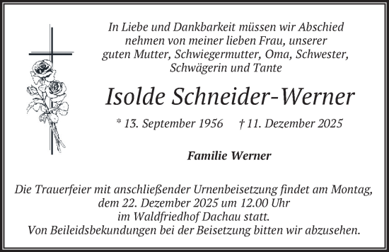 Traueranzeige von Isolde Schneider-Werner von merkurtz
