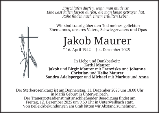 Traueranzeige von Jakob Maurer von merkurtz