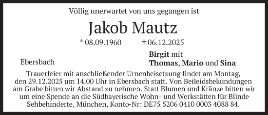 Traueranzeige von Jakob Mautz von merkurtz