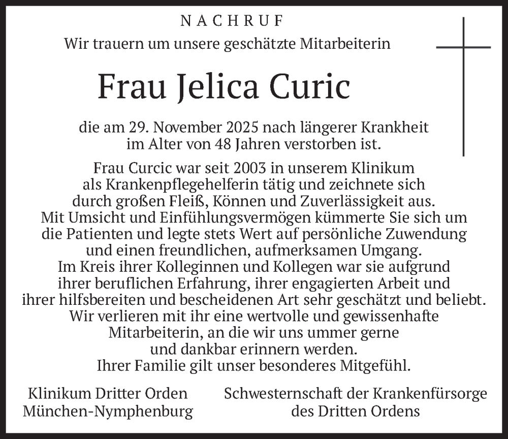  Traueranzeige für Jelica Curic vom 13.12.2025 aus merkurtz