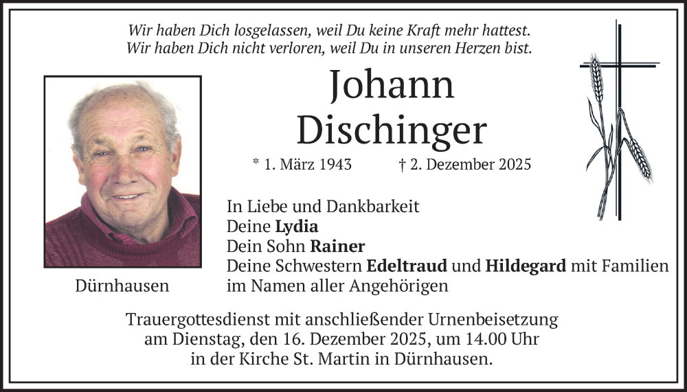  Traueranzeige für Johann Dischinger vom 11.12.2025 aus merkurtz
