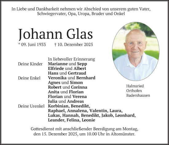 Traueranzeige von Johann Glas von merkurtz