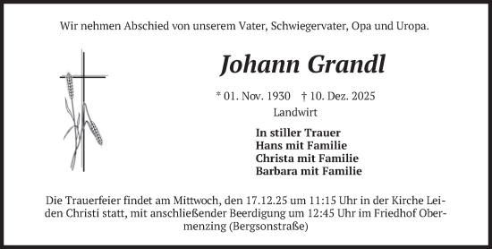 Traueranzeige von Johann Grandl von merkurtz