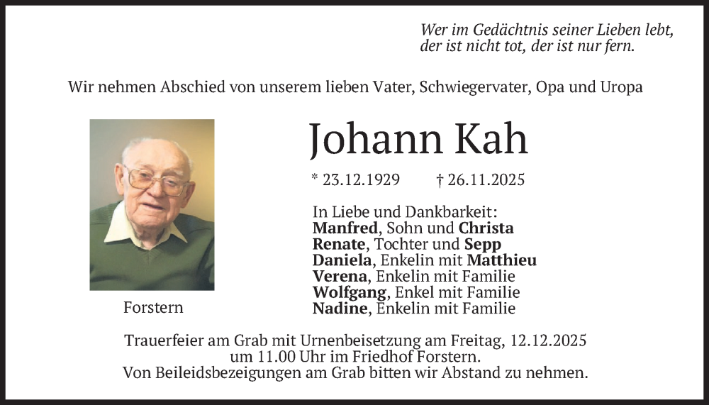  Traueranzeige für Johann Kah vom 06.12.2025 aus merkurtz