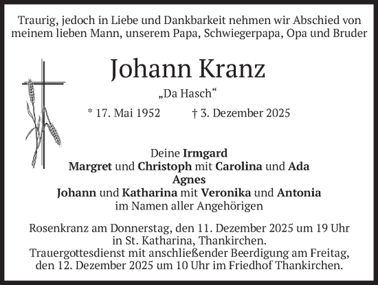 Traueranzeige von Johann Kranz von merkurtz