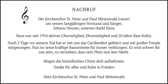 Traueranzeige von Johann Neuner von merkurtz