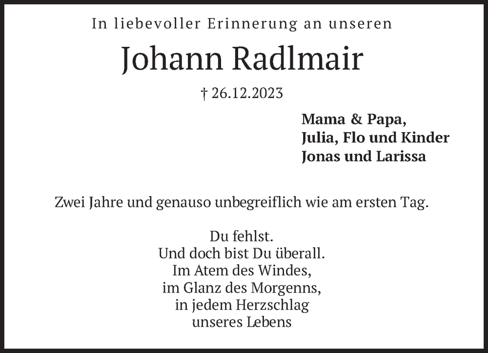  Traueranzeige für Johann Radlmair vom 24.12.2025 aus merkurtz