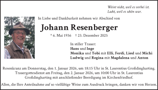 Traueranzeige von Johann Resenberger von merkurtz
