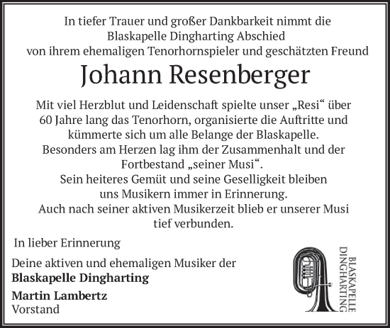 Traueranzeige von Johann Resenberger von merkurtz