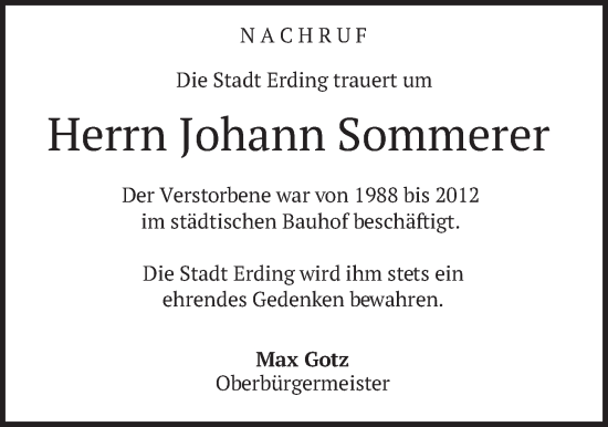 Traueranzeige von Johann Sommerer von merkurtz