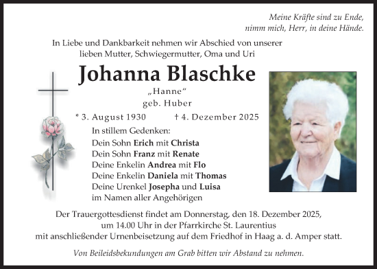 Traueranzeige von Johanna Blaschke von merkurtz