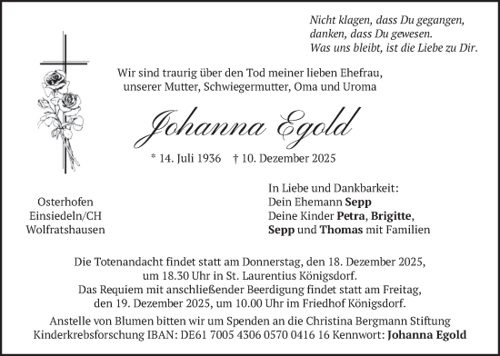 Traueranzeige von Johanna Egold von merkurtz