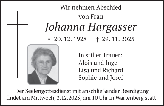 Traueranzeige von Johanna Hargasser von merkurtz