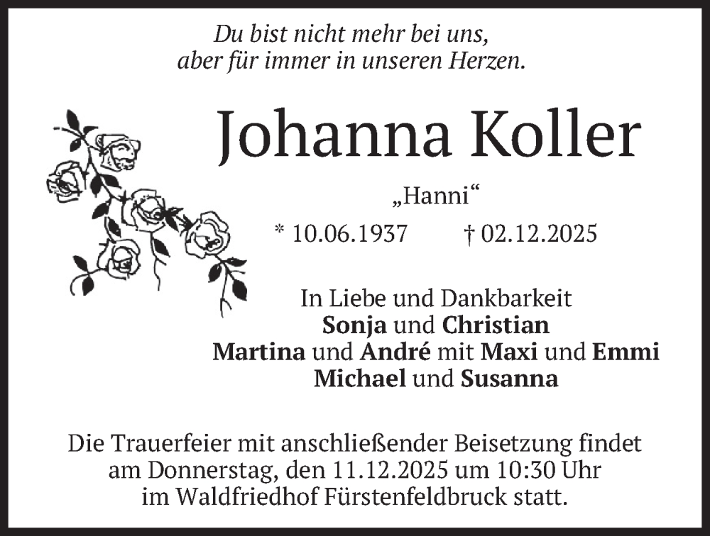  Traueranzeige für Johanna Koller vom 06.12.2025 aus merkurtz