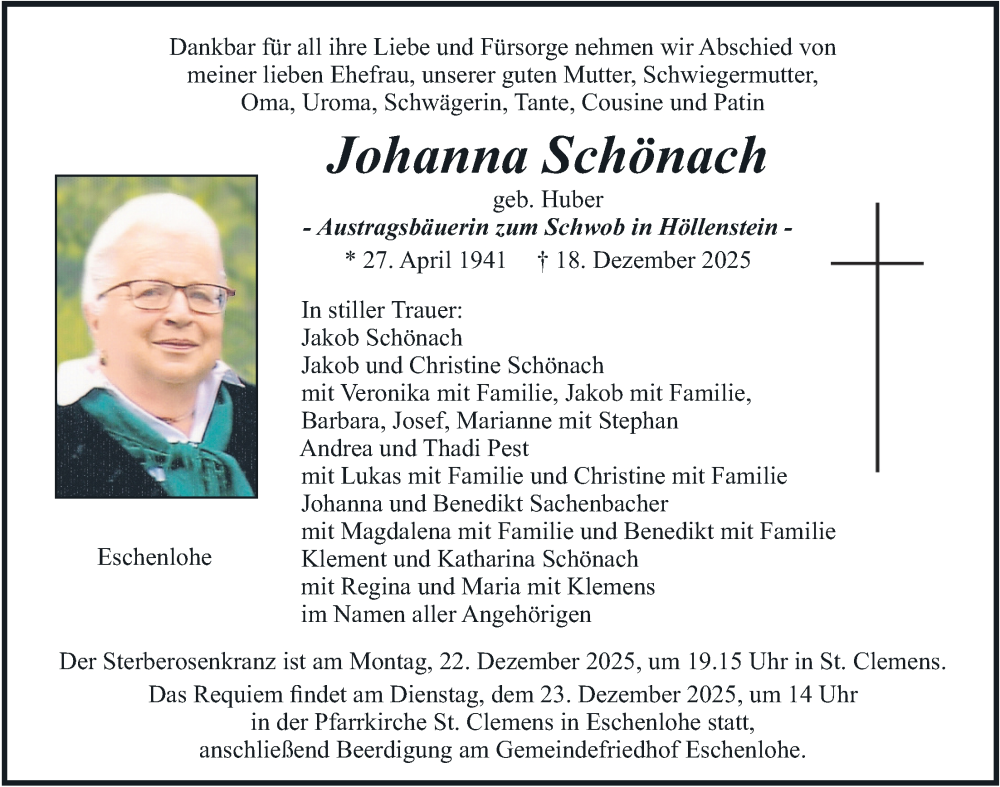  Traueranzeige für Johanna Schönach vom 20.12.2025 aus merkurtz