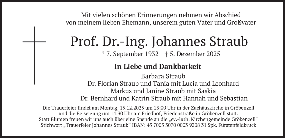  Traueranzeige für Johannes Straub vom 13.12.2025 aus merkurtz