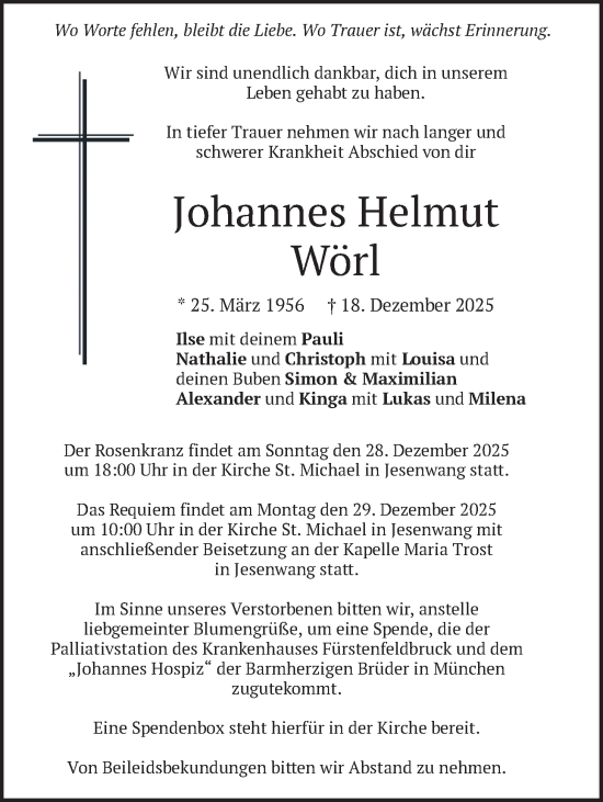 Traueranzeige von Johannes Helmut Wörl von merkurtz