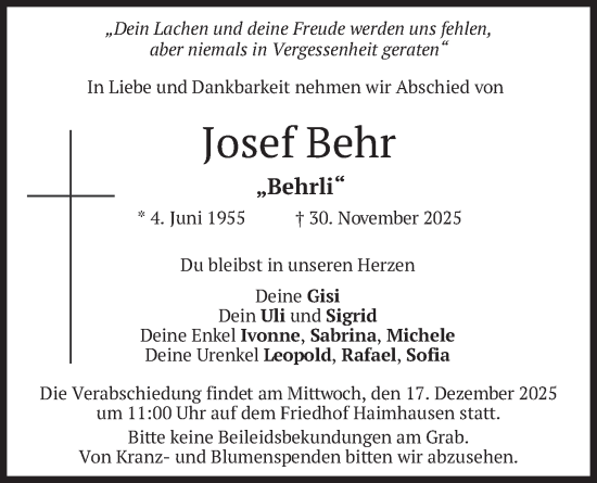 Traueranzeige von Josef Behr von merkurtz