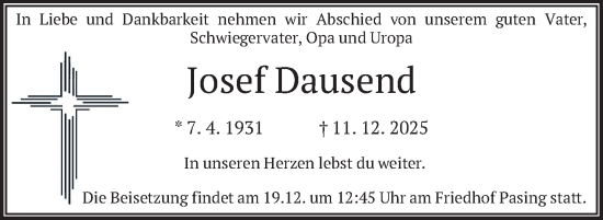 Traueranzeige von Josef Dausend von merkurtz