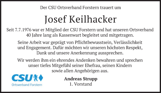 Traueranzeige von Josef Keilhacker von merkurtz