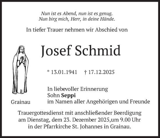 Traueranzeige von Josef Schmid von merkurtz