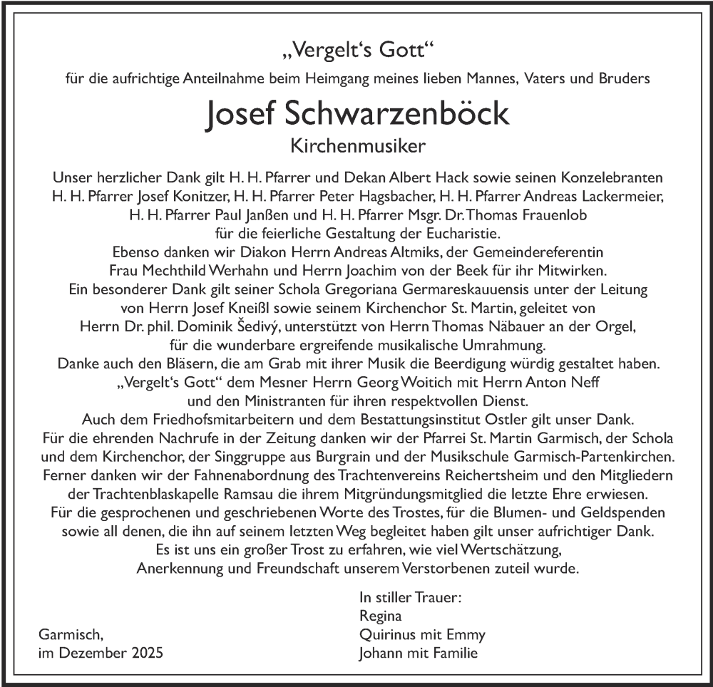  Traueranzeige für Josef Schwarzenböck vom 27.12.2025 aus merkurtz