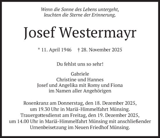Traueranzeige von Josef Westermayr von merkurtz