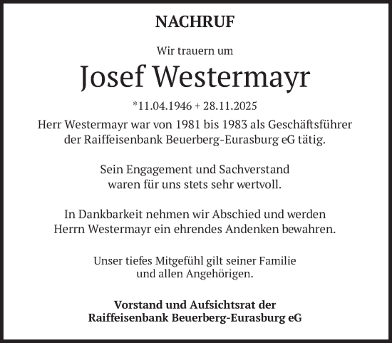 Traueranzeige von Josef Westermayr von merkurtz