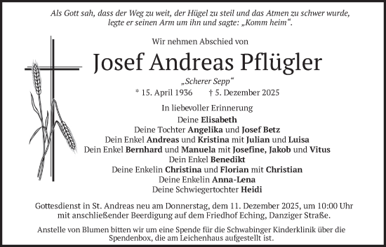 Traueranzeige von Josef Andreas Pflügler von merkurtz