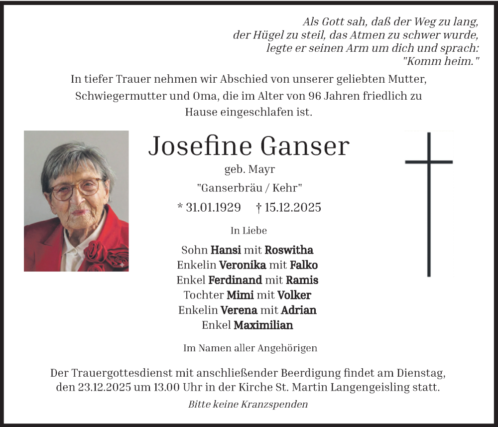  Traueranzeige für Josefine Ganser vom 20.12.2025 aus merkurtz