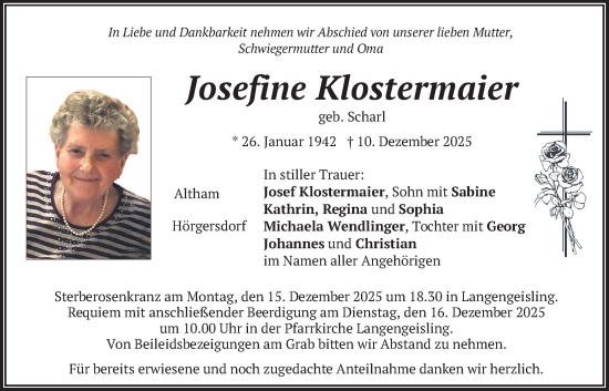 Traueranzeige von Josefine Klostermaier von merkurtz