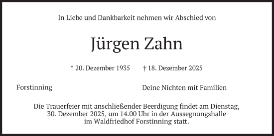 Traueranzeige von Jürgen Zahn von merkurtz