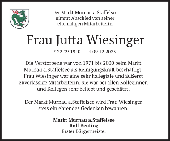 Traueranzeige von Jutta Wiesinger von merkurtz